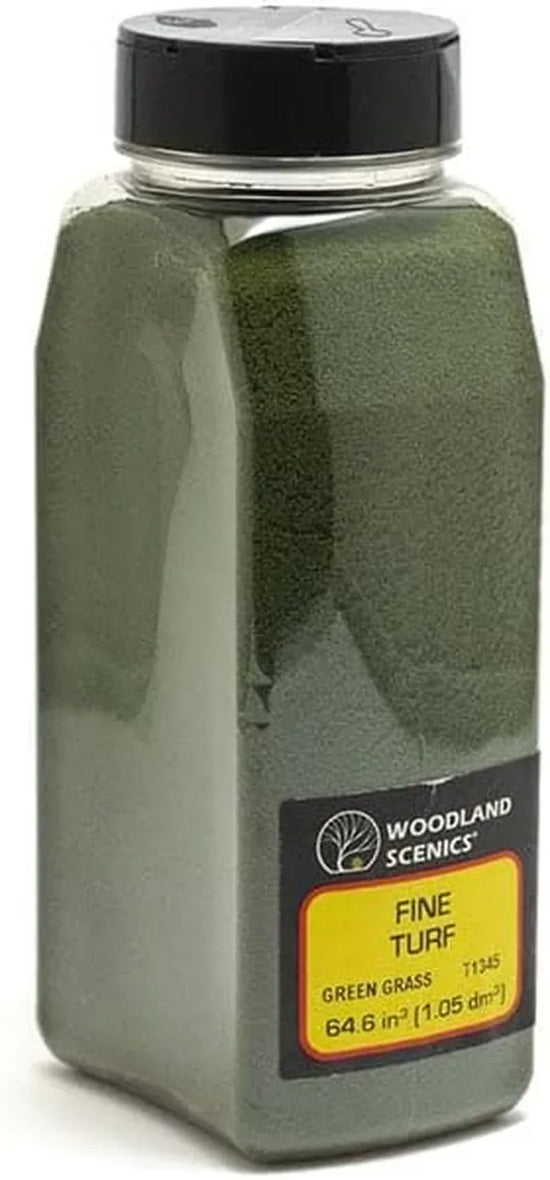 Woodland Scenics Hobby City Premium Fine Turf in vibrant green, shown in 57.7 cubic inches container for model scenery.