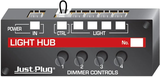 Woodland Scenics LED light hub with dimming control for four lights, showing the device connected with adjustable brightness settings.