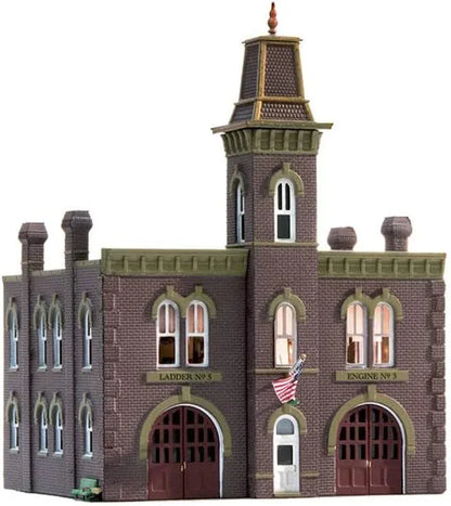 N scale Woodland Scenics pre-assembled firehouse model with detailed fire station building for model train layouts