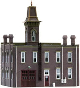 N scale Woodland Scenics pre-assembled firehouse model with detailed fire station building and realistic exterior features.