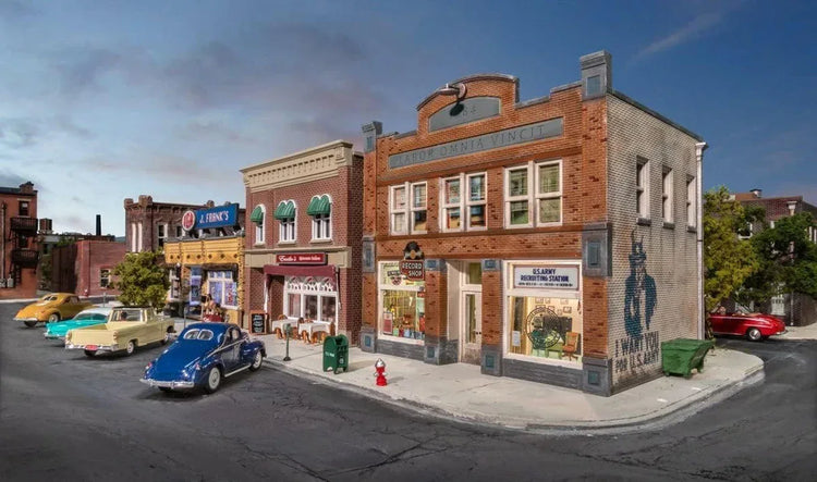 HO scale Records and Recruitment Facility model by Woodland Scenics featuring detailed building with signage and surrounding landscape.