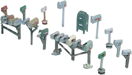 Woodland Scenics HO Scale D206 Assorted Mailboxes Set with 17 miniature mailboxes for model train scenery.