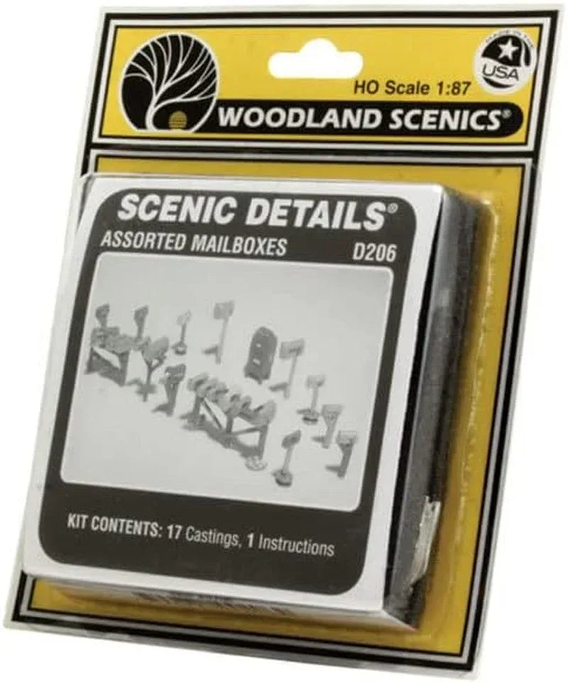 Woodland Scenics D206 HO scale assorted mailbox set with 17 detailed mailboxes for model train scenery.