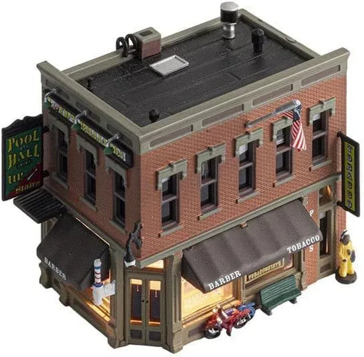 N Scale Corner Emporium model building by Woodland Scenics, detailed miniature shop for model train layouts.