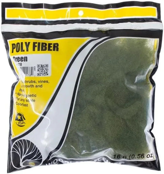 Woodland Scenics 16G green polyfiber material for model scenery, shown in a close-up image with textured green fibers.