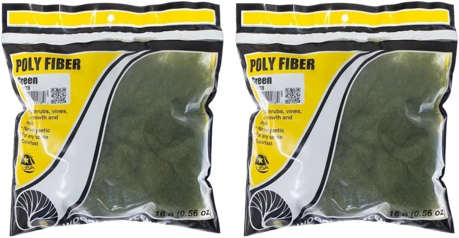 Woodland Scenics 16G green polyfiber material for model scenery, shown in a close-up image of the fiber&