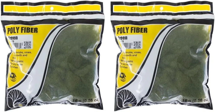 Woodland Scenics 16G green polyfiber material for model scenery, shown in a close-up image of the fiber&