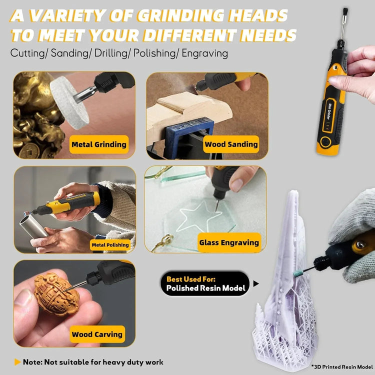 XIFOWE mini cordless rotary sander kit for 3D printing, used for drilling, sanding, and polishing resin models.