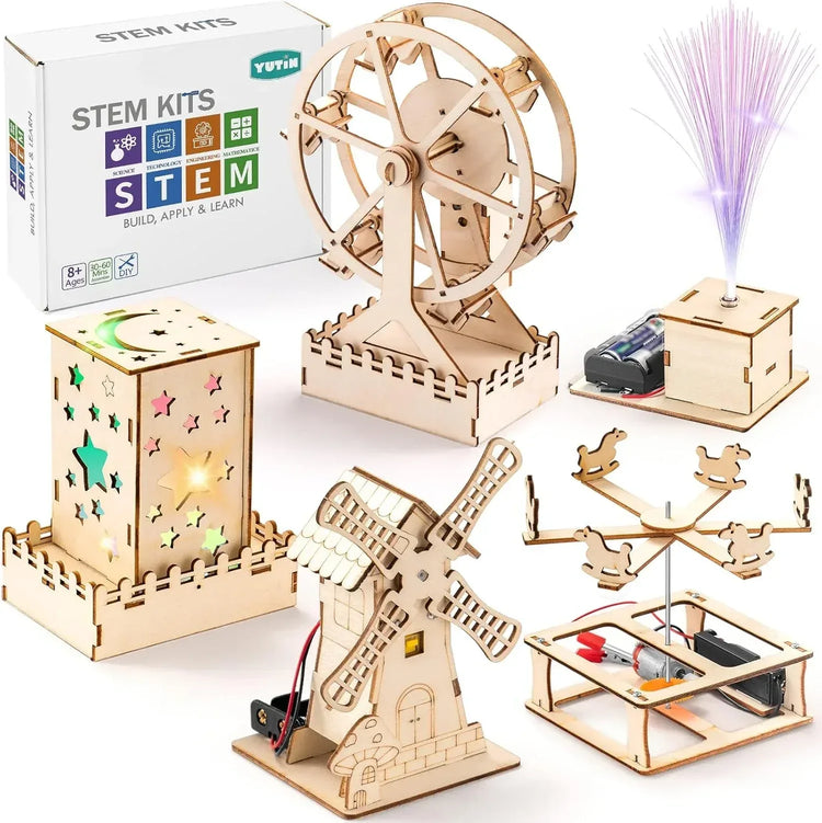 YUTIN 5-pack STEM science kits for children with wood arts, crafts, 3D puzzles, and engineering building models for ages 8-14.