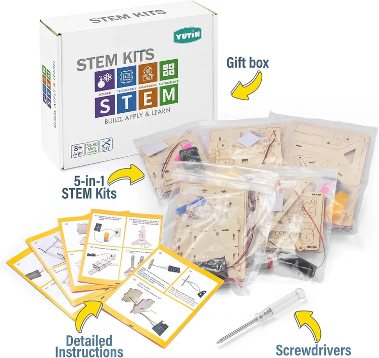 YUTIN 5-pack STEM science kits for children with wood arts, 3D puzzles, and engineering models for ages 8-14.