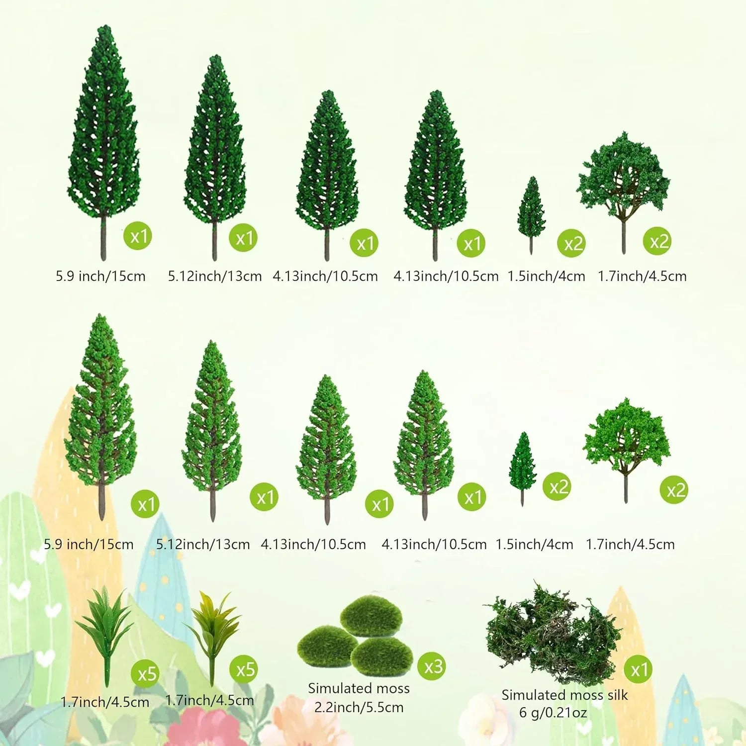 Assorted Zofusaier model trees and artificial moss rocks for diorama and railway scenery, 1.7 to 6 inches tall.