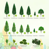 Assorted Zofusaier model trees and artificial moss rocks for diorama and railway scenery, 1.7 to 6 inches tall.