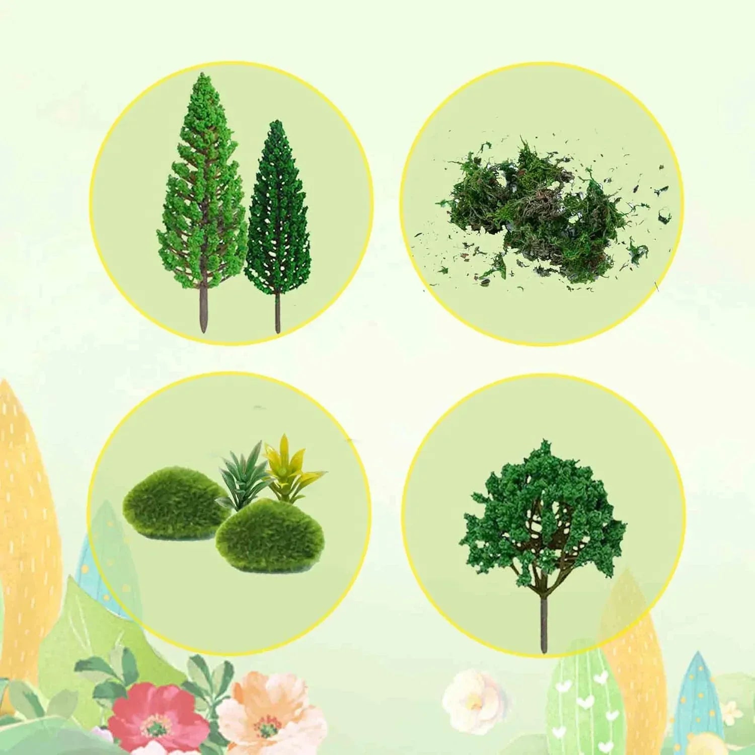 Assorted Zofusaier model trees and moss rocks for diorama and railway scenery, ranging from 1.7 to 6 inches tall.