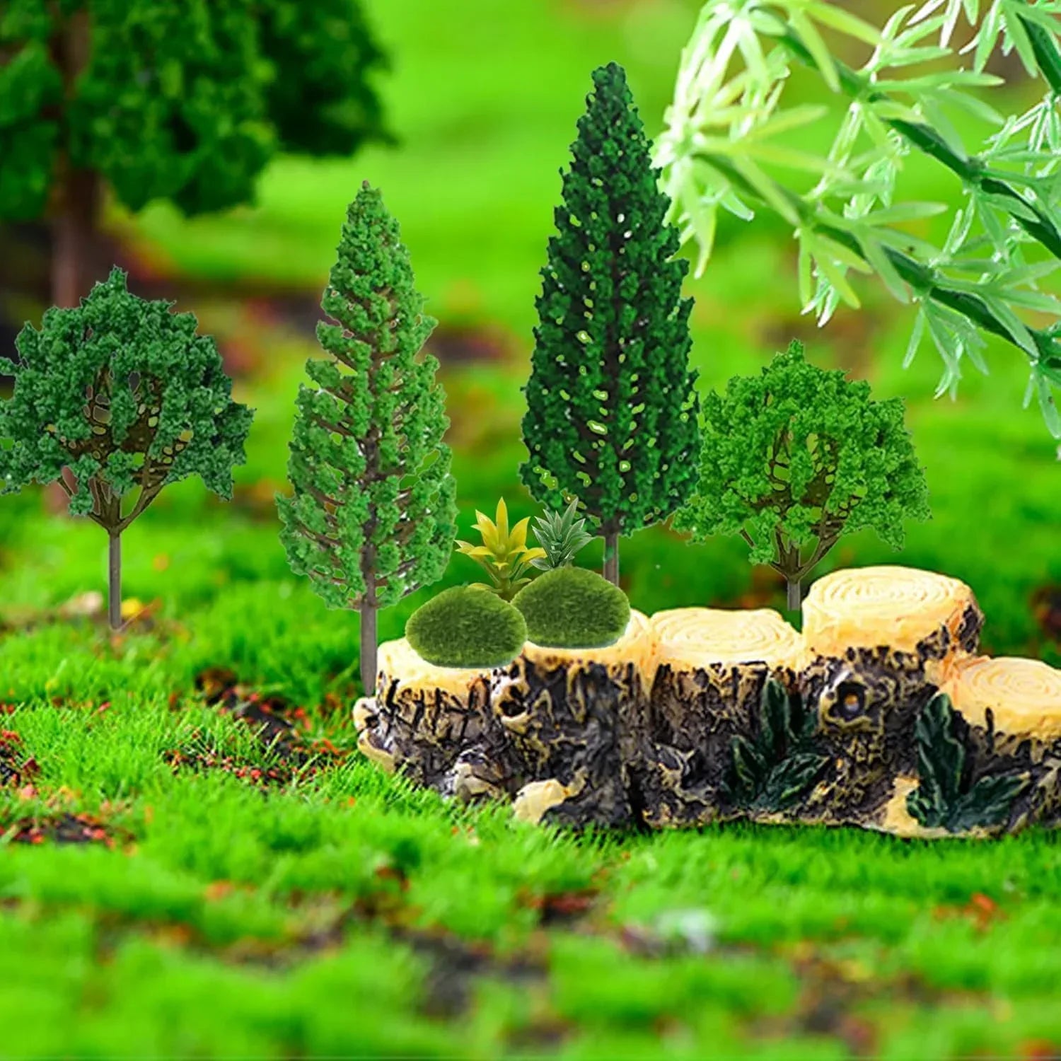 Assorted Zofusaier model trees in 1.7-6 inches with artificial moss rocks, perfect for diorama architecture and model railway scenery.