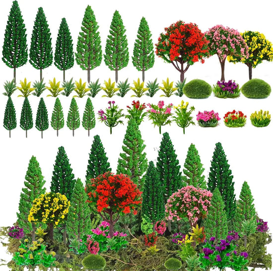 Assorted miniature artificial flower trees for DIY crafts and landscape dioramas, featuring vibrant colors and detailed plant designs.