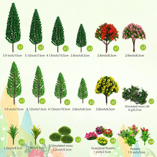 Assorted miniature artificial flower trees for DIY crafts and diorama scenery, featuring small, colorful tree models by Zofusaier.