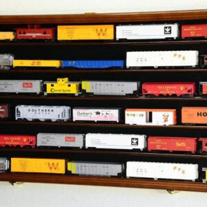 Premium HO Scale Model Train Display Cabinet - Lockable Walnut Wall Rack with 98% UV Protection