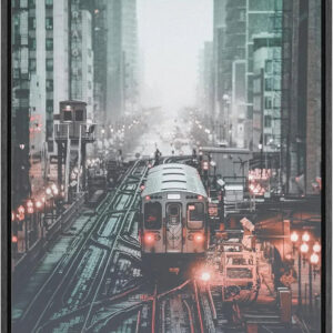 Framed Canvas Wall Art - Urban Train Cityscape Photography in Vibrant Colors for Living Room, Bedroom, or Office - 16" x 24" Black Frame