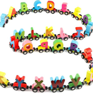 27-Piece Magnetic Wooden Alphabet Train Set for Toddlers – Includes Engine and Letter Cars, Compatible with Major Brand Tracks