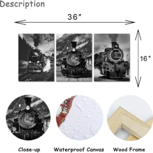 Vintage Black and White Steam Locomotive Canvas Artwork - 12x16 Inch Wall Decor