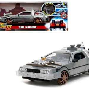 Delorean Brushed Metal Time Machine (Train Wheel Edition) with Lights - Back to the Future Part III (1990) Hollywood Rides 1/24 Scale Diecast Model Car by Jada