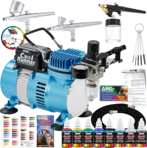 Master Airbrush Cool Runner II Air Brush Kit with Air Compressor Dual Fan | 3 Airbrushes, 6 Color Acrylic Paint Set, Hose, Brushes & Learning Guide Manual for Crafts, Auto, Tattoo & Model Painting