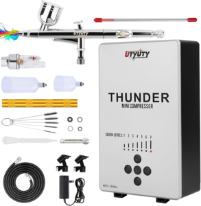 Airbrush Kit with Air Compressor,Portable 27PSI 7 Pressure Levels, 35Db Ultra-Quiet,Dual-Action 0.3Mm Airbrush Gun for Beginners,Painting,Models,Makeup,Crafts & Cake Decor